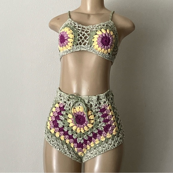 Summer Crochet Crop Tank Cheeky Shorts Set Granny Squares Sexy M High Waist - Picture 3 of 16